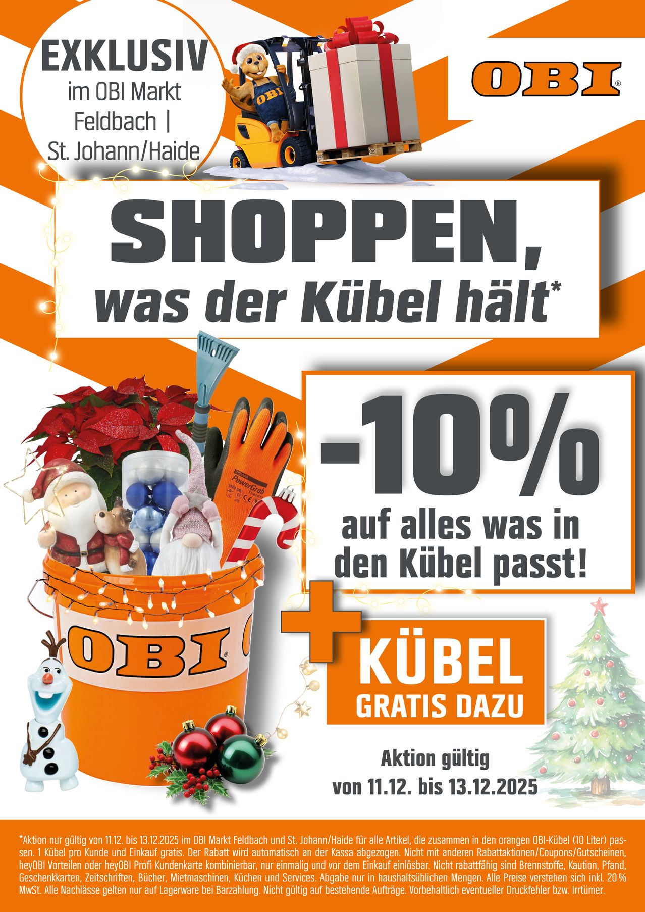 Ein Eimer gefüllt mit Spielzeug, Ornamenten und Weihnachtsdekorationen. Die Werbung lautet: 'SHOPPEN, was der Kübel hält' und '-10% auf alles, was in den Kübel passt!' mit einem Schneemann neben dem Eimer.