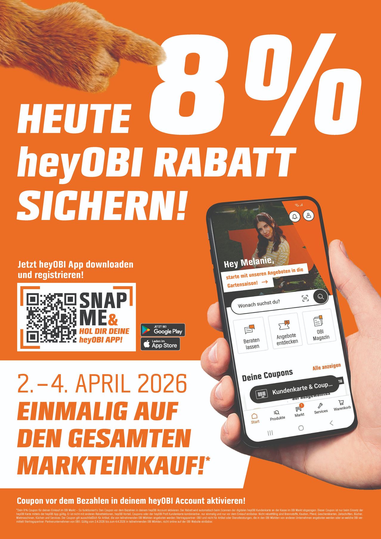 Eine Werbung für die heyOBI-App zeigt einen QR-Code und fordert die Nutzer zum Download und zur Registrierung auf. Die App bietet Rabatte und Gutscheine für Gartenbedarf. Sie zeigt ein Telefon mit der App-Oberfläche, einschließlich Optionen wie Browsen, Gartenrat und Kontoverwaltung. Das Angebot gilt vom 2. bis 4. April 2026.