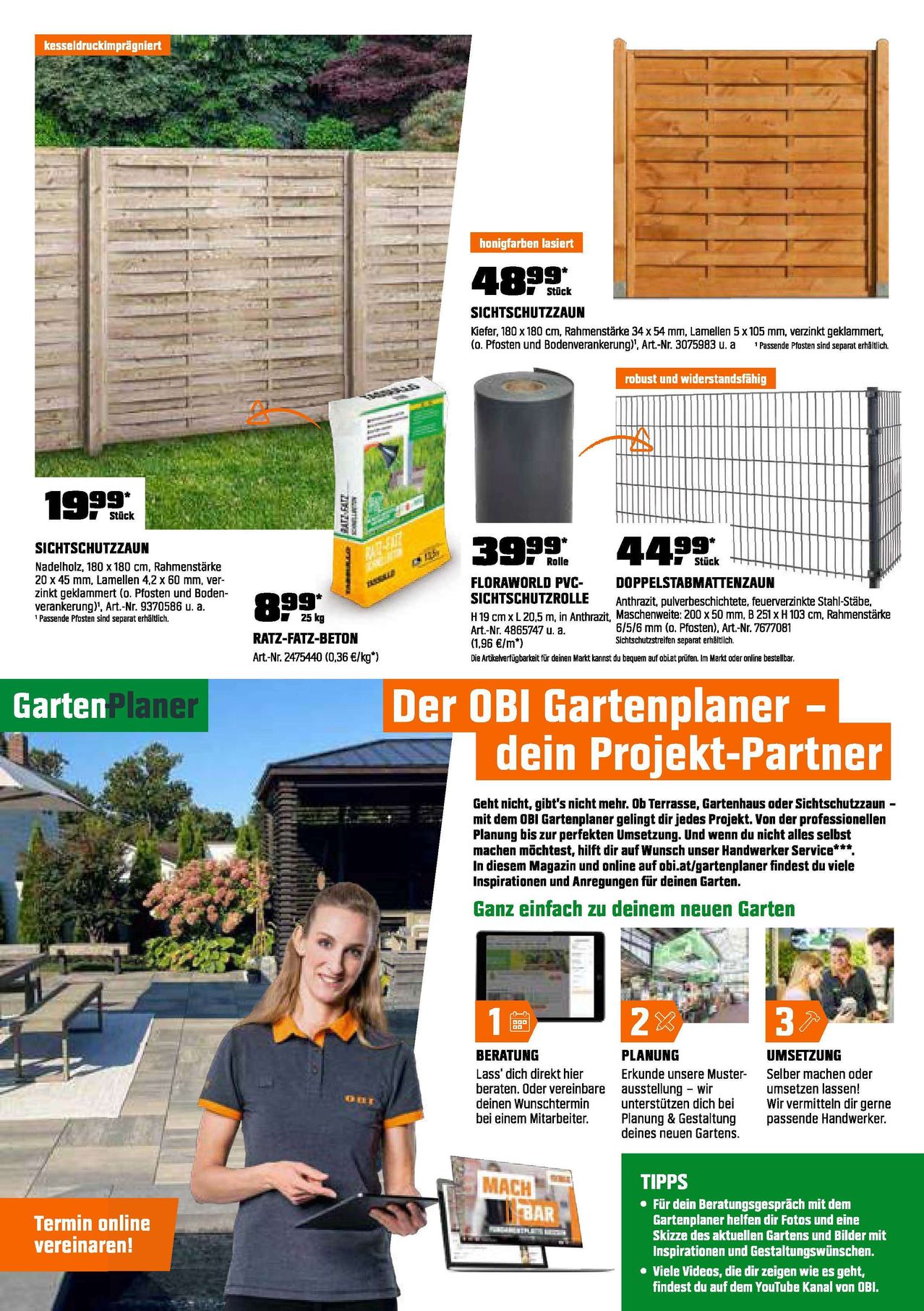 Eine Werbung für Gartenprodukte, einschließlich Zäune, PVC-Platten und Doppelbettlaken. Sie enthält Preise, Produktbeschreibungen und einen Aufruf für den OBI Gartenplaner-Service.