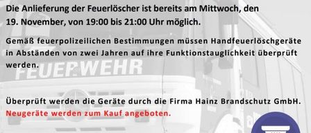 Flyer über die Überprüfung von Feuerlöschern im Feuerwehrhaus Absorrf. Am Freitag, 21. November 2025, von 16:00 bis 20:00 Uhr und am Samstag, 22. November 2025, von 09:00 bis 15:00 Uhr. Lieferung am Mittwoch, 19. November 2025, von 19:00 bis 21:00 Uhr.