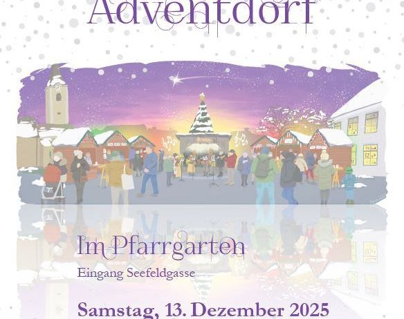 Plakat für Absorfer Adventdorf im Pfarrgarten. Termine: 13. Dezember 2025 und 14. Dezember 2025. Zeit: jeweils von 14 bis 20 Uhr.
