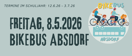 Karte der Absorf-Fahrradbus-Route. Haltestellen umfassen noe-pellets, Kremserstraße und weitere. Nächster Termin am 8.5.2026. Treffpunkt um 7:25, Abfahrt um 7:30. Anmeldung bis 7.5.2026.