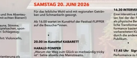 Poster für das KunstHof-Absorf-Festival im Jahr 2026. Veranstaltungsdaten, Künstler und Zeitplan sind aufgeführt. Teilnehmer sind Musiker, Künstler und Darsteller. Aktivitäten umfassen Musik, Literatur und Kabarett. Die Veranstaltung läuft vom 14. Juni bis 27. Juni mit verschiedenen Aufführungen und Ausstellungen.