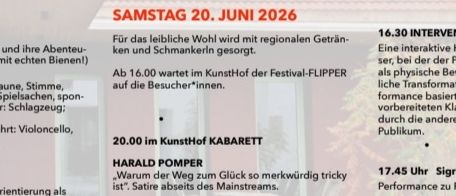 Poster für das KunstHof-Absorf-Festival im Jahr 2026. Veranstaltungsdaten, Künstler und Zeitplan sind aufgeführt. Teilnehmer sind Musiker, Künstler und Darsteller. Aktivitäten umfassen Musik, Literatur und Kabarett. Die Veranstaltung läuft vom 14. Juni bis 27. Juni mit verschiedenen Aufführungen und Ausstellungen.