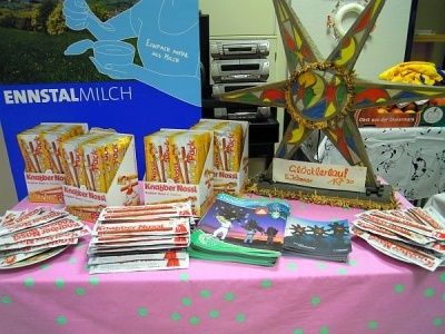 Ein Tisch mit einem rosa Tischtuch zeigt eine Vielzahl von Artikeln, darunter Broschüren, Bücher und was wie ein Weihnachtsstern aussieht. Die Artikel sind ordentlich angeordnet, und es liegen mehrere Broschüren auf dem Tisch. Im Hintergrund befindet sich ein Poster und ein Lautsprecher.