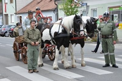 Eine Gruppe von Menschen in Uniformen steht neben einer Pferdekutsche auf der Straße. Sie tragen Hüte und Gürtel. Die Pferde stehen auf der Zebrastreifen.