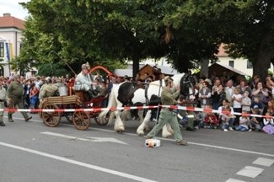 Ein Umzug mit einer Pferdekutsche, zwei Personen im Sattel und einem Publikum am Straßenrand. Die Pferde sind schwarz und weiß.