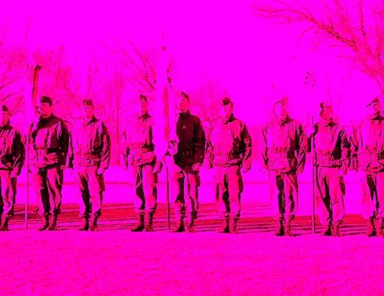 Eine Gruppe von Soldaten in Militärkleidung steht in einer Reihe vor einem leuchtend rosa Hintergrund, mit Bäumen in der Ferne.