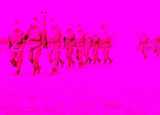 Eine Reihe von Soldaten in Uniform, Gewehre tragend, marschiert im Gleichschritt auf einem rosa Hintergrund.