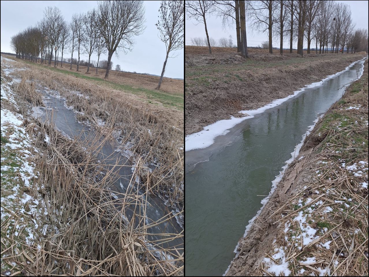 Zwei Bilder eines kleinen Baches in einer ländlichen Gegend. Das linke Bild zeigt einen schmalen, flachen Bach mit trockenen Schilfrohren an den Seiten. Das rechte Bild zeigt einen breiteren Bach mit etwas Eis an den Rändern.