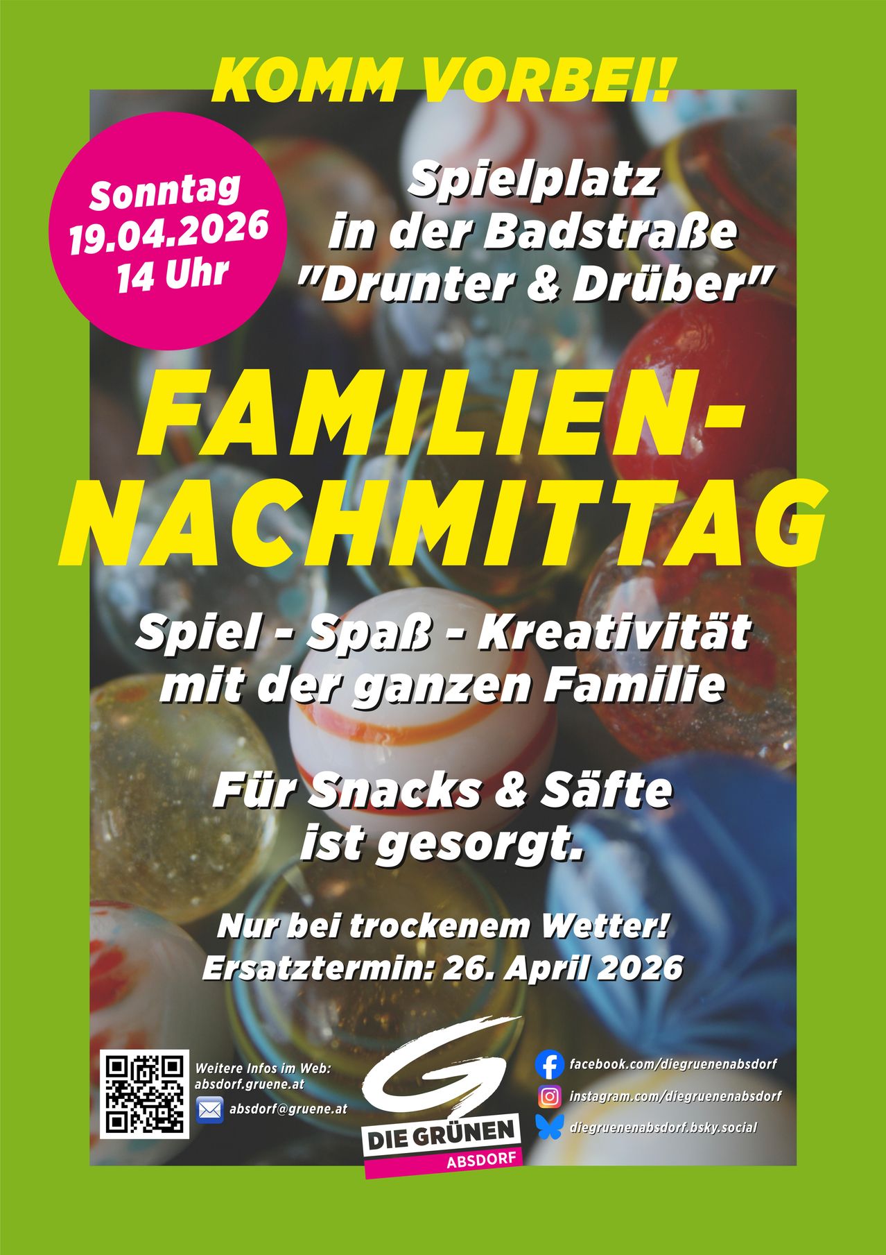 Family afternoon event on April 19, 2026, at 2 PM, in the Badstraße. Activities include games, relaxation, and creativity with the whole family. Snacks and drinks provided. Only in dry weather.