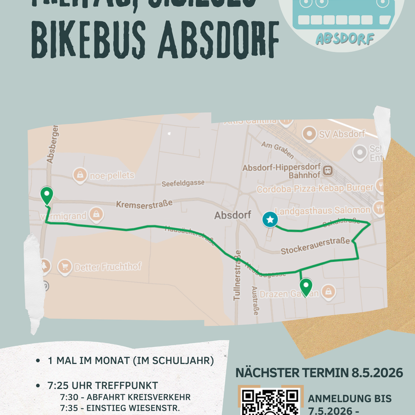 Karte zeigt die Route des Fahrradbusses in Absorf, einschließlich der Haltestelle Absorf-Hippersdorf Bahnhof. Er verkehrt einmal im Monat, der nächste Termin ist der 8. Mai 2026. Anmeldung bis 7. Mai 2026.