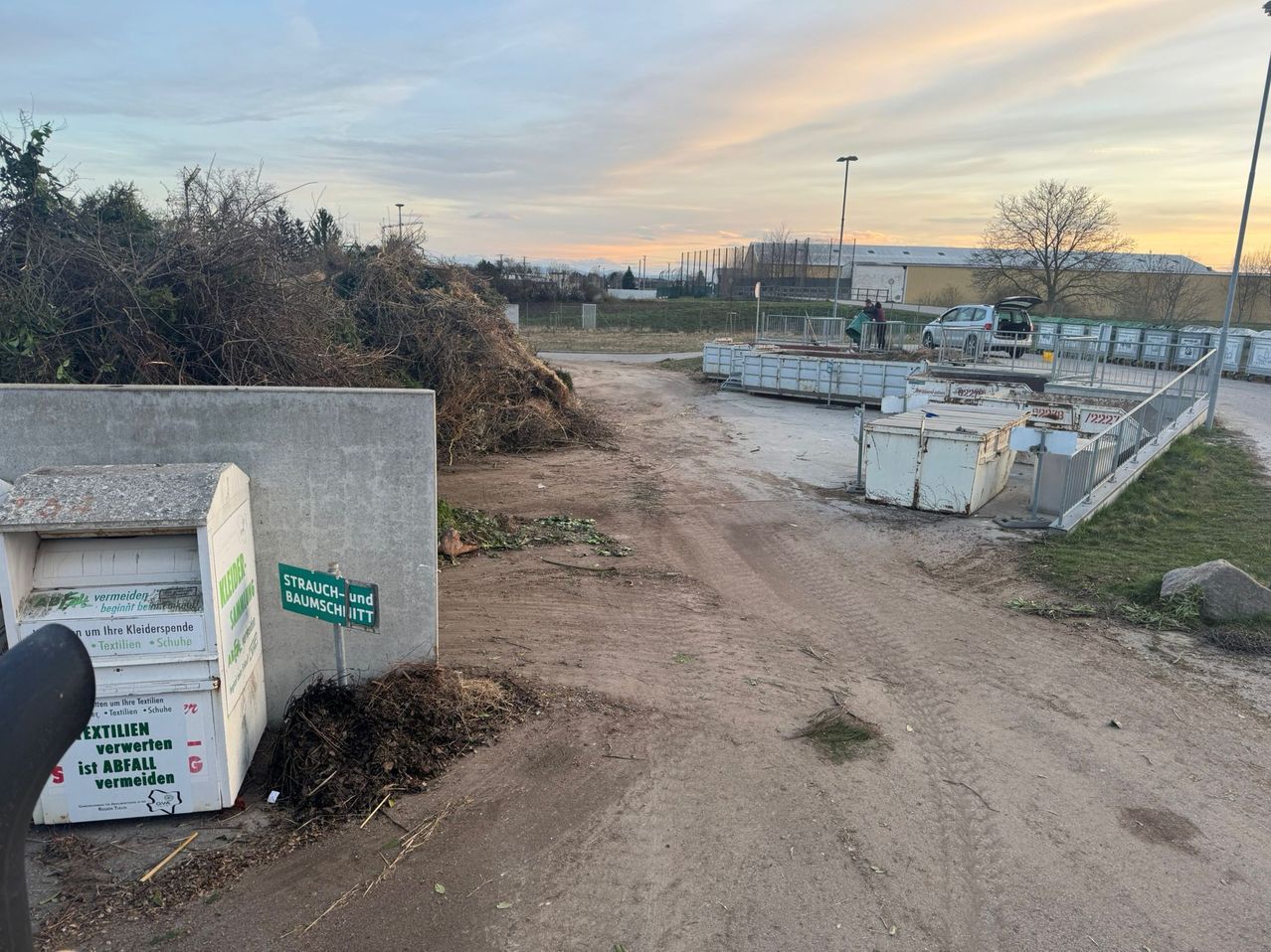 Eine schmuttige Straße führt zu einem Lagerbereich mit gestapelten Zweigen. In der Nähe ist ein Auto mit offenem Kofferraum geparkt. In der Ferne befindet sich ein Gebäude und ein blattloser Baum.