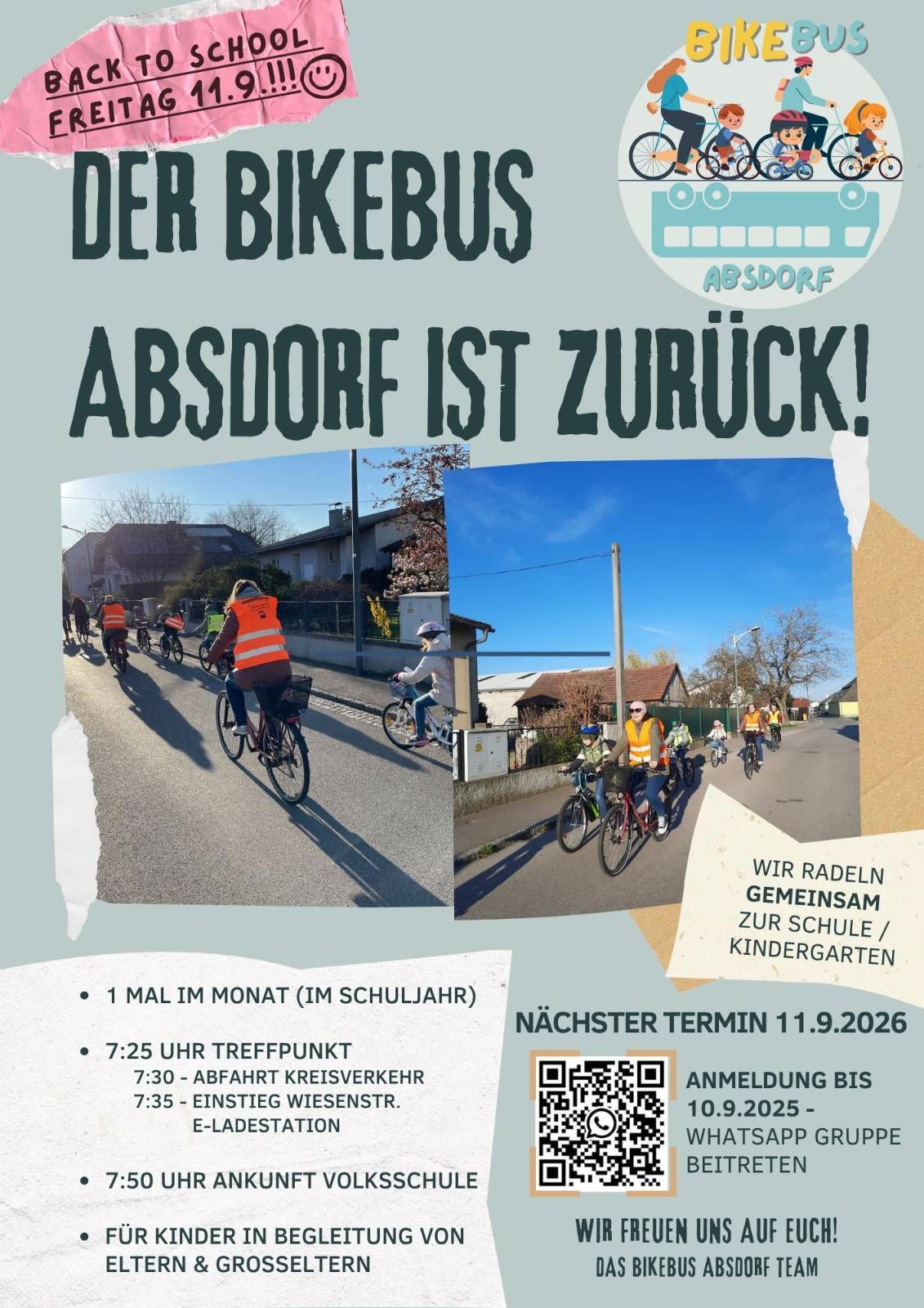 Werbeplakat für die Rückkehr des Bikebus AbsdorF. Es zeigt Radfahrer in Warnwesten, die eine Straße hinunterfahren. Das Plakat enthält Details zum Fahrplan und Treffpunkt.