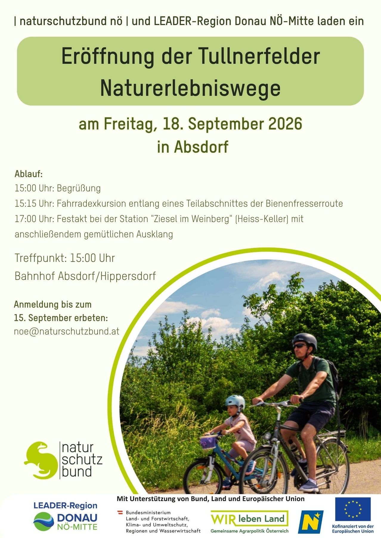 Plakat für eine Radveranstaltung am 18. September 2026 in Absdorf, Österreich. Es zeigt einen Mann und ein Kind auf Fahrrädern, mit Details zum Zeitplan und Ort der Veranstaltung.