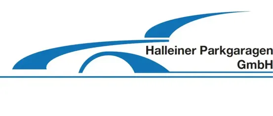 Das Halleiner Parkgarage-Logo zeigt einen stilisierten blauen Bogen mit 'Halleiner Parkgarage' in fetter schwarzer Schrift.
