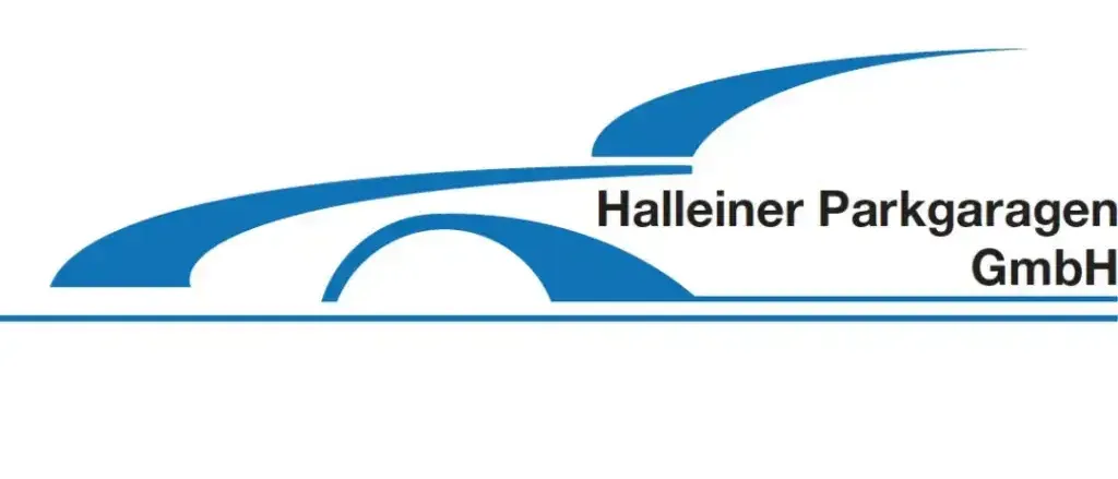 Das Halleiner Parkgarage-Logo zeigt einen stilisierten blauen Bogen mit 'Halleiner Parkgarage' in fetter schwarzer Schrift.