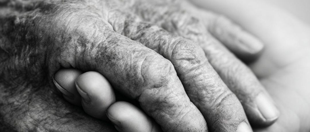 Ein schwarz-weißes Bild zeigt zwei ältere Hände, die sich gegenseitig halten. Der obere Text lautet 'LETZTE-HILFE-KURS AM ENDE WISSEN, WIE ES GEHT'. Unten an den Händen befindet sich ein orangefarbener Hintergrund mit weißem Text. Der untere Teil des Bildes zeigt ein Logo und den Text 'Wir sind, wo Sie sind.'