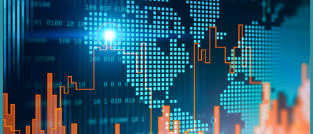 An advertisement for the Burgenlandische Volkshochschulen features a graph of financial markets with numbers and an abstract globe.