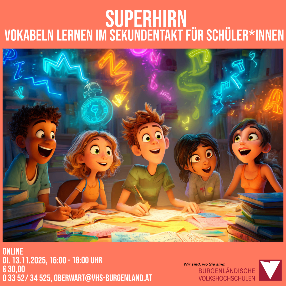 Plakat für einen Wortschatz-Lernkurs für Schüler. Fünf animierte Kinder sitzen am Tisch und lernen. Bunte Lichter im Hintergrund. Veranstaltungsdetails in deutscher Sprache.