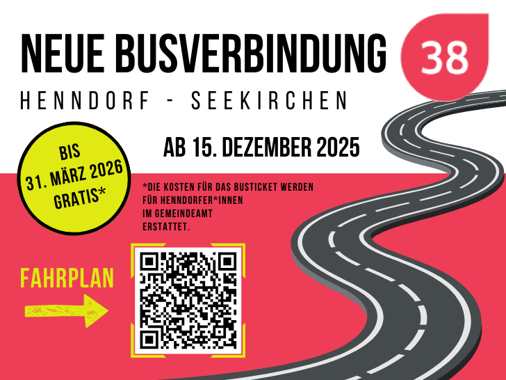 Plakat für eine neue Busverbindung von Henndorf nach Seekirchen, kostenlos bis 31. März 2026. QR-Code für den Fahrplan.