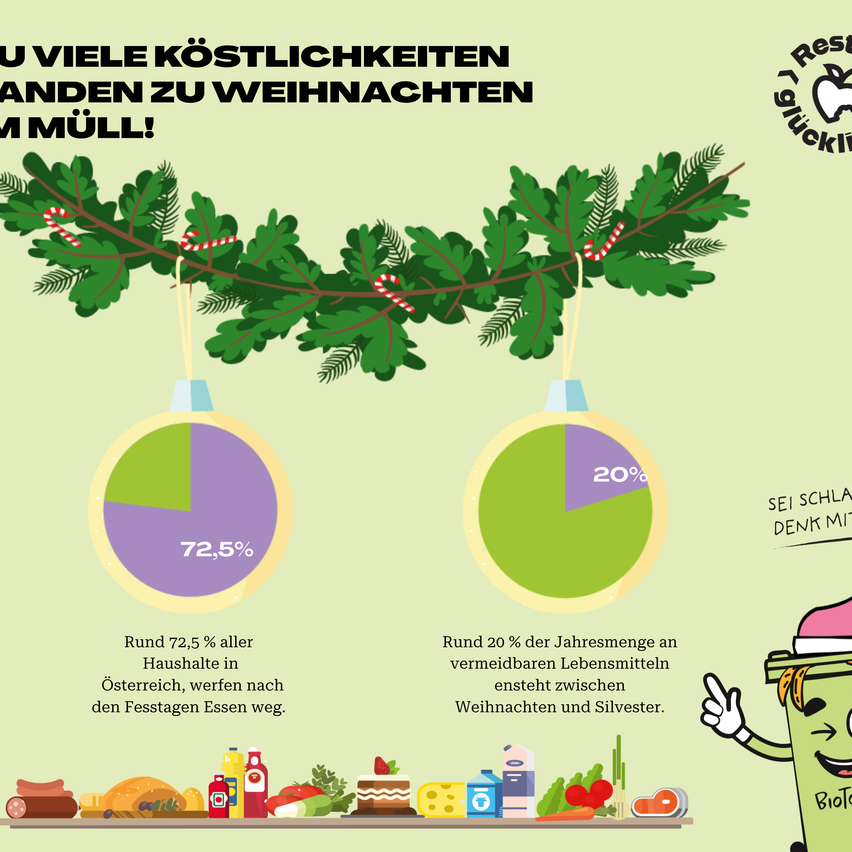 Eine Infografik zeigt, dass 72,5 % der Haushalte in Österreich nach den Feiertagen Lebensmittel wegwerfen. Etwa 20 % des jährlichen Lebensmittelvorrats wird zwischen Weihnachten und Neujahr verschwendet.