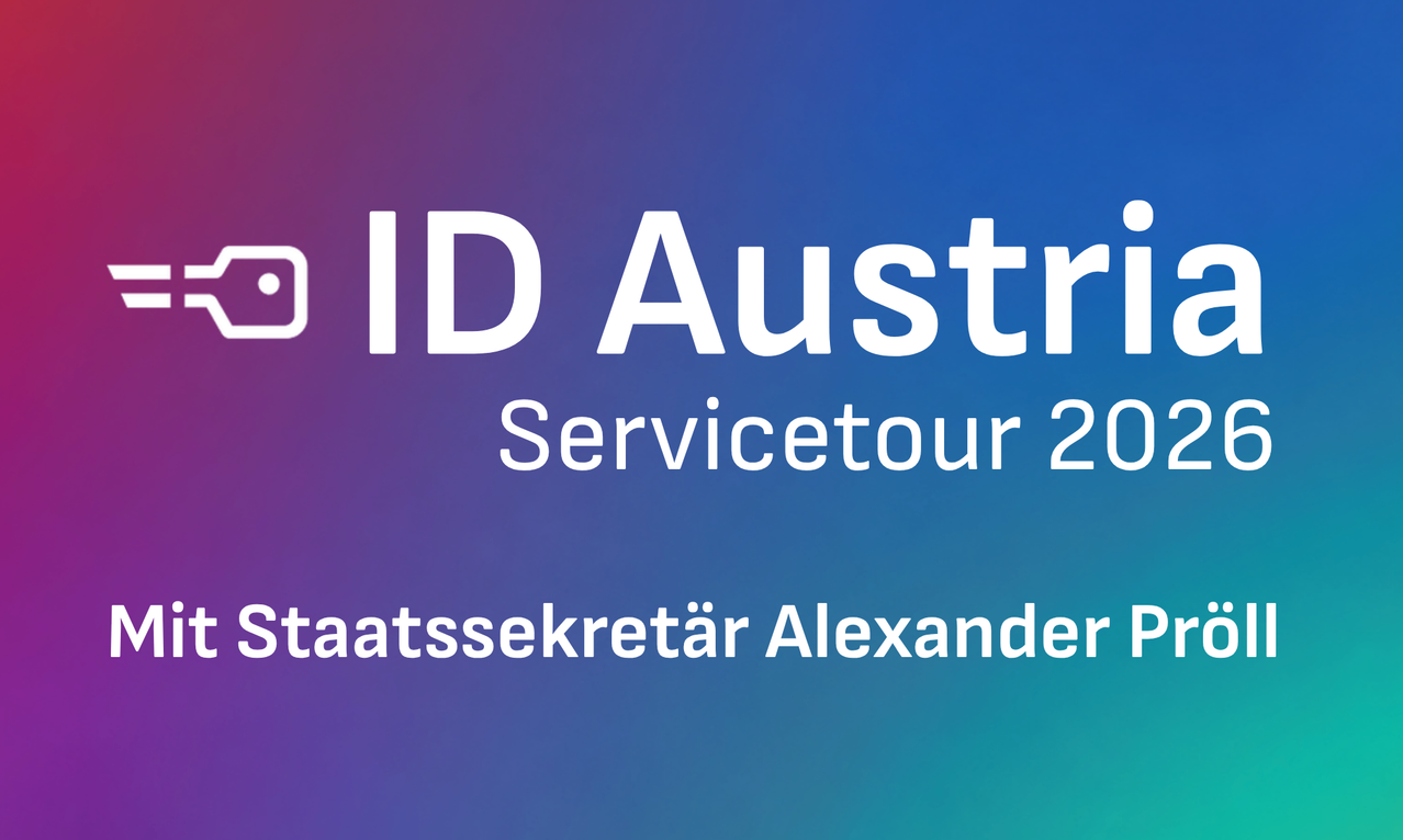 Ein Werbebanner für die ID Austria Servicetour 2020 mit dem Namen des amtierenden Sekretärs, Alexander. Der Text ist auf einem Farbverlaufshintergrund von Lila zu Blau dargestellt.