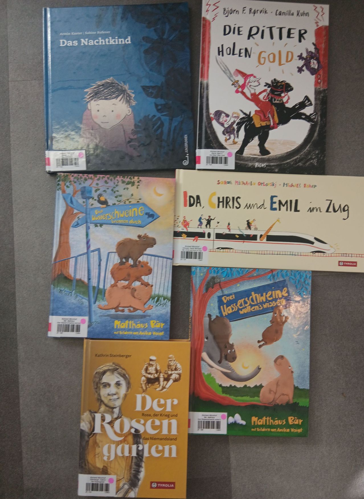 Sechs Kinderbücher sind auf einer grauen Oberfläche ausgestellt. Die Titel umfassen 'Bor Wasserschweine', 'IDA, CHRIS und EMIL im Zug', 'Der Rosen' und 'Drei Haserschweine'. Die Bücher sind in einer Reihe mit sichtbaren Buchrücken angeordnet.