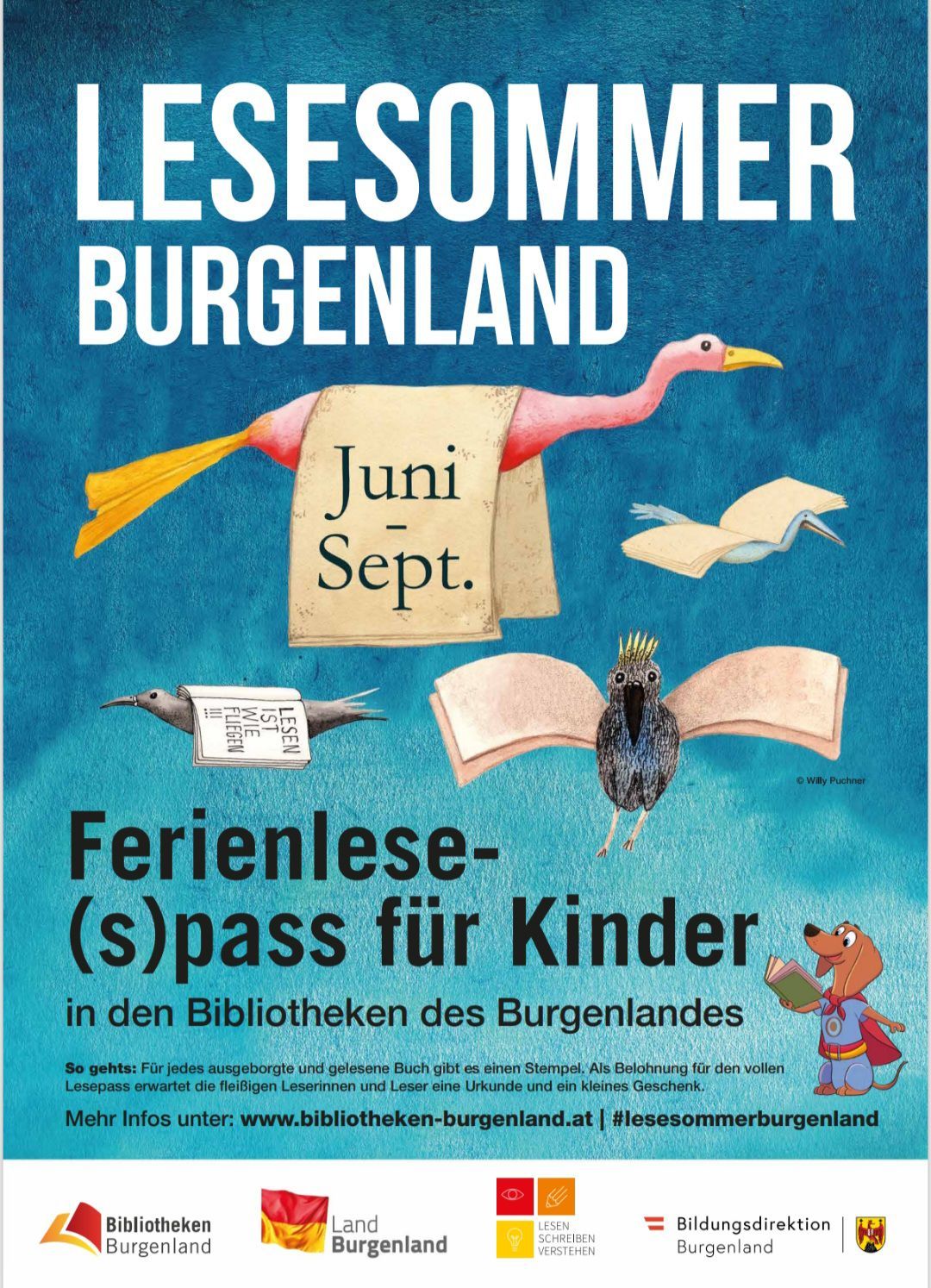Ein Plakat bewirbt ein Sommerleseprogramm für Kinder in Burgenland, Österreich, mit verschiedenen illustrierten Vögeln und Büchern sowie einem Hund, der ein Buch liest. Das Programm läuft von Juni bis September.