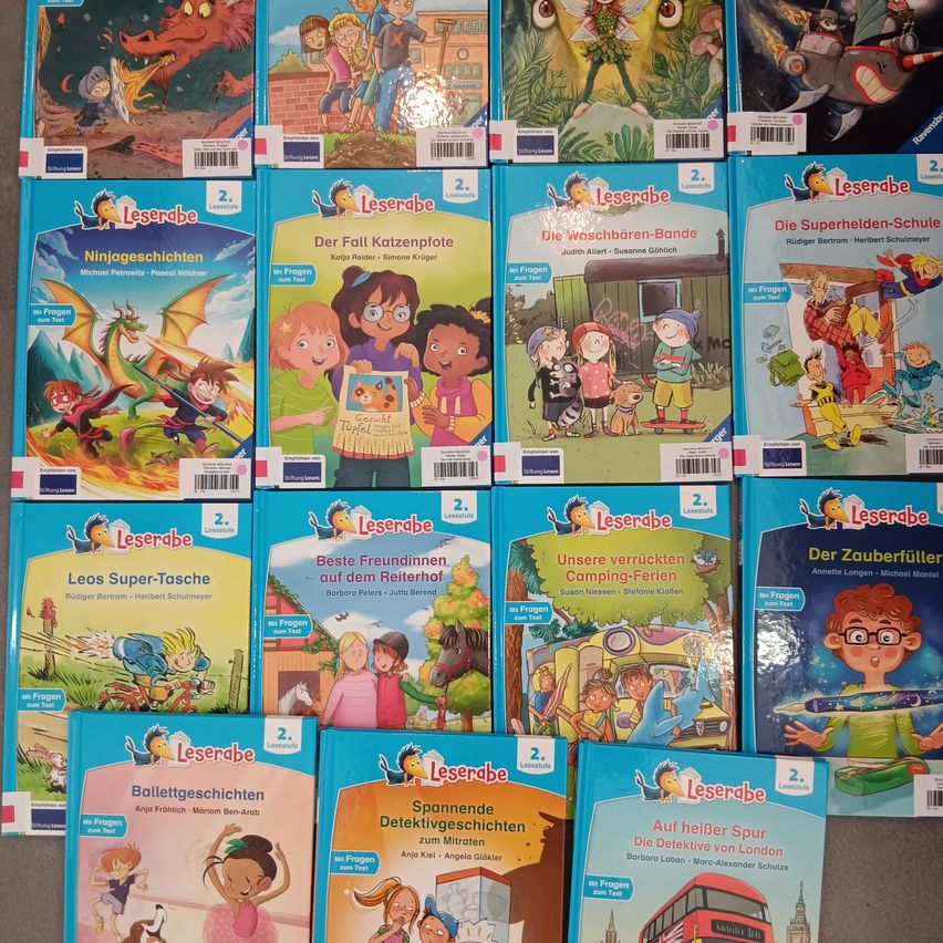 Eine Sammlung von Büchern mit dem Titel 'Leserabe' ist ausgestellt. Sie umfasst Titel wie 'Ninja-Geschichten', 'Die Waschseile', 'Fall Katzenpfote' und mehr. Jedes Buch hat ein farbenfrohes Cover mit Illustrationen von Kindern und magischen Elementen.