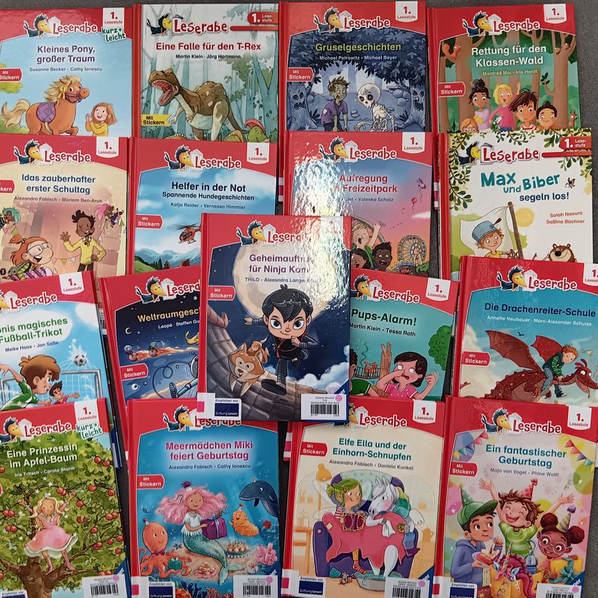 Eine Sammlung von Kinderbüchern mit Titeln wie 'Leserab', 'Kleines Pony, großer Traum', 'Geheimaufträge für Ninja Kon' und anderen sind ausgestellt. Jedes Buch hat ein eigenes Cover mit Illustrationen und Text.