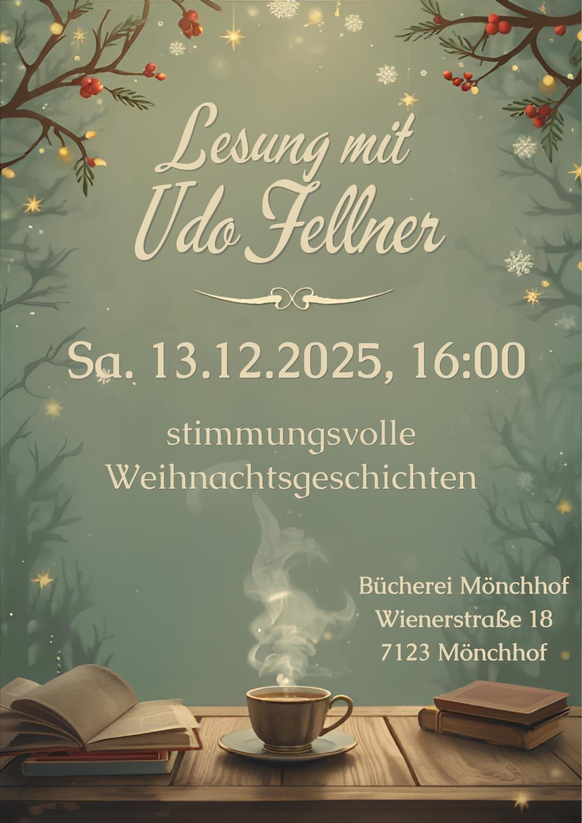 Ein Plakat für eine Weihnachtsgeschichten-Lesung von Udo Fellner am 13.12.2025 um 16:00 Uhr in der Bucherei Monchhof.