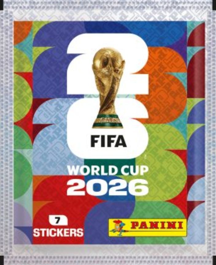 A colorful poster for the FIFA World Cup 2026. It features a golden trophy and the number 3 in white. The poster is made by Panini and includes 7 stickers.