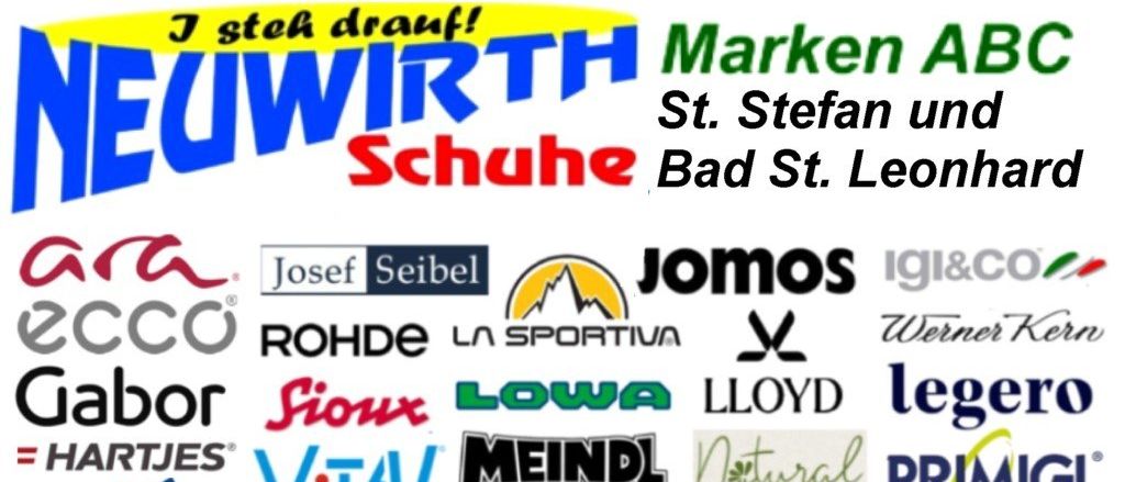 Eine Werbung für Schuh Bad St. Leon mit verschiedenen Schuhmarken wie Josef Seibel, Rohde, Jomo und mehr. Der Slogan lautet 'J stech drauf!' und befindet sich in St. Stefan.