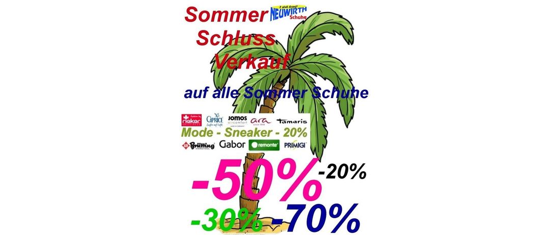 Werbeposter für Sommerschuhverkauf. Rabatte bis zu 50% auf verschiedene Marken wie Gabor, Tamaris und Bruetting. Angebote für Schuhe wie Fashion by Naker und Caprice.