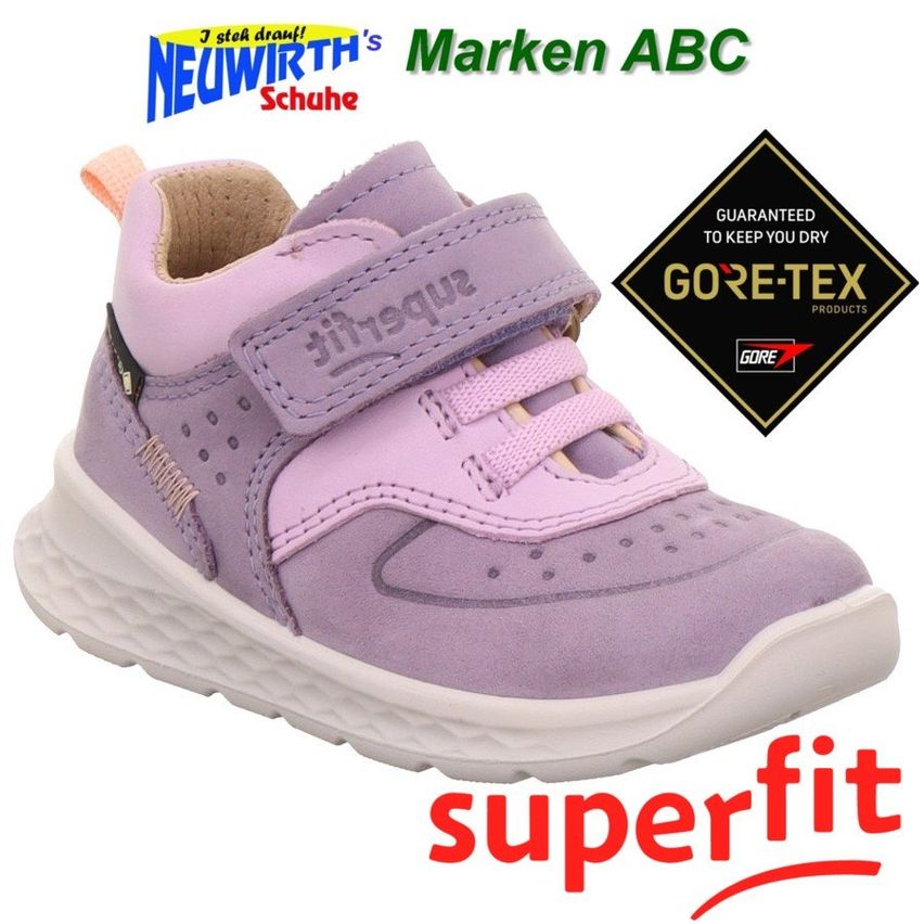 A purple children's shoe with 'superfit' branding, Gore-Tex label, and a white sole. The shoe features 'J stoh draw!' and 'NEUWIRTH's Schuhe' branding.