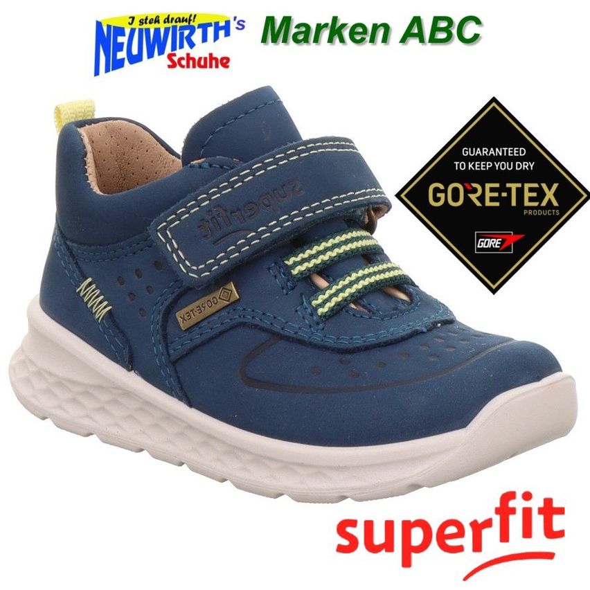 A blue child's shoe with white soles, green laces, and a yellow tag. The shoe has Gore-Tex branding and a logo for Neuwirth's Marken ABC.