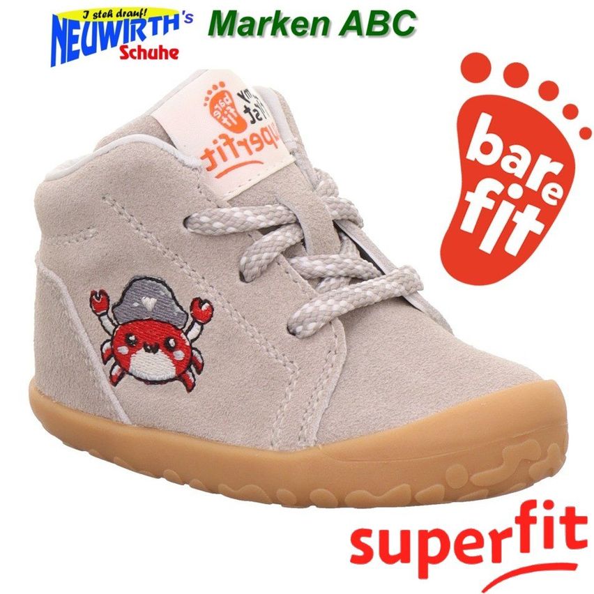 Gray sneaker with a crab illustration and a tag with the text 'Neuwirth's Marken ABC Schuhe'. Features include a brown sole, white laces, and the text 'bare fit' and 'superfit'.