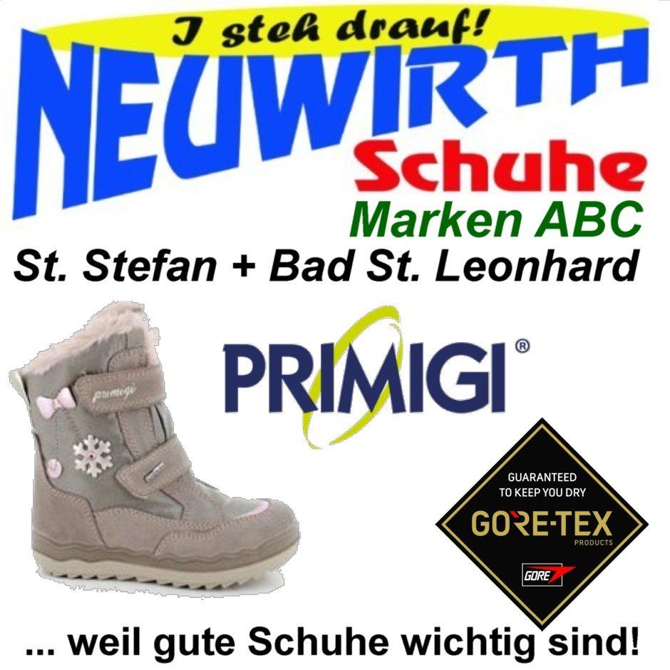An advertisement for NEUWIRTH shoes in St. Stefan and Bad St. Leonhard. It features a grey boot with a pink buckle, snowflakes, and a Gore-Tex logo. The slogan reads 'because good shoes are important!'.