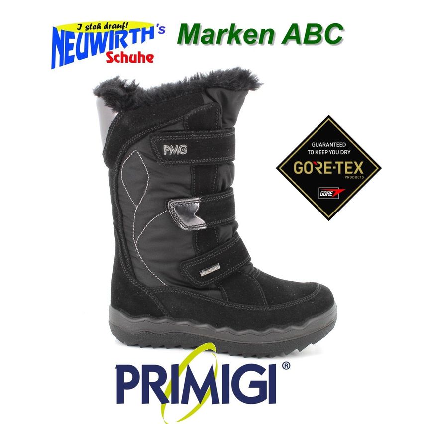 Black winter boot with fur trim by Neuwirth's ABC Schuhe, featuring GORE-TEX technology. The boot has a buckle strap and a brand logo on the sole.