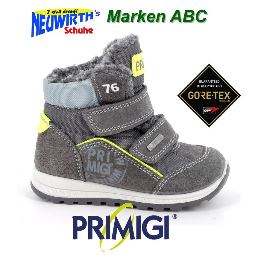 Gray children's boot with fur lining and yellow accents. The number 76 is on the strap. GORE-TEX logo on the side. White sole.