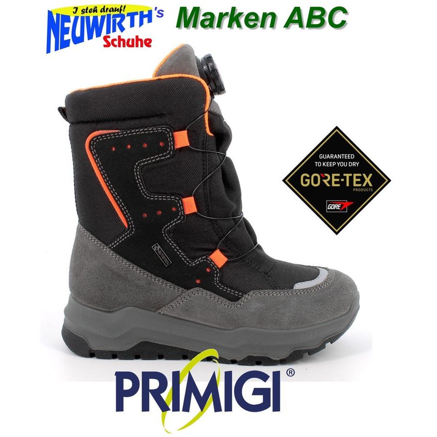 A gray and black snow boot with orange accents is displayed on a white background. The brand name 'PRIMIGI' is visible at the bottom. The boot features a Gore-Tex guarantee for keeping feet dry.