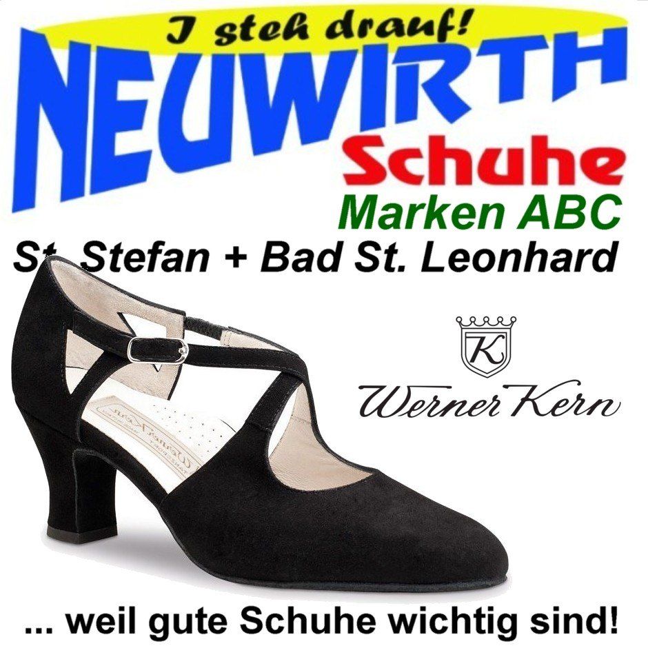 Eine Werbung für Schuhe mit der Marke Neuwirth. Der Schuh ist schwarz mit einer Schnalle und Absatz. Der Slogan lautet 'Nur drauftreten!' und betont die Wichtigkeit guter Schuhe.