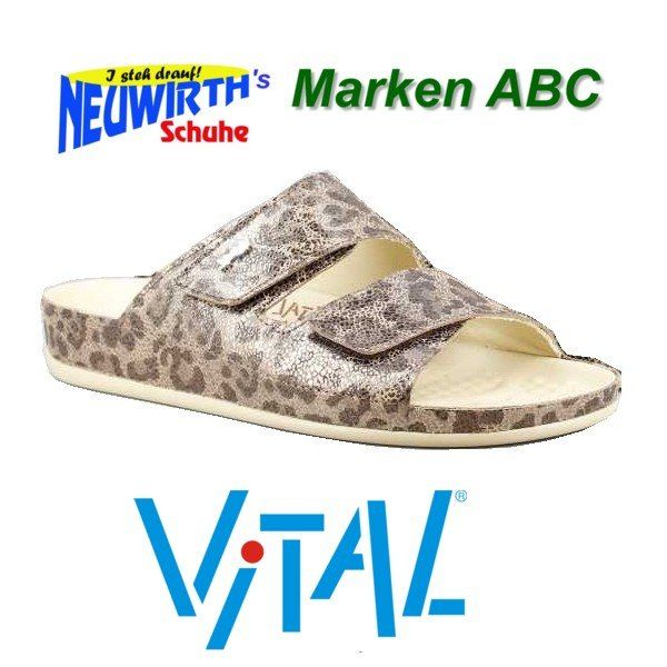 A leopard print slipper with a white sole and the brand name 'VITAL' displayed in blue. Above the slipper, the brand name 'NEUWIRTH's Marken ABC Schuhe' is shown in red and white.