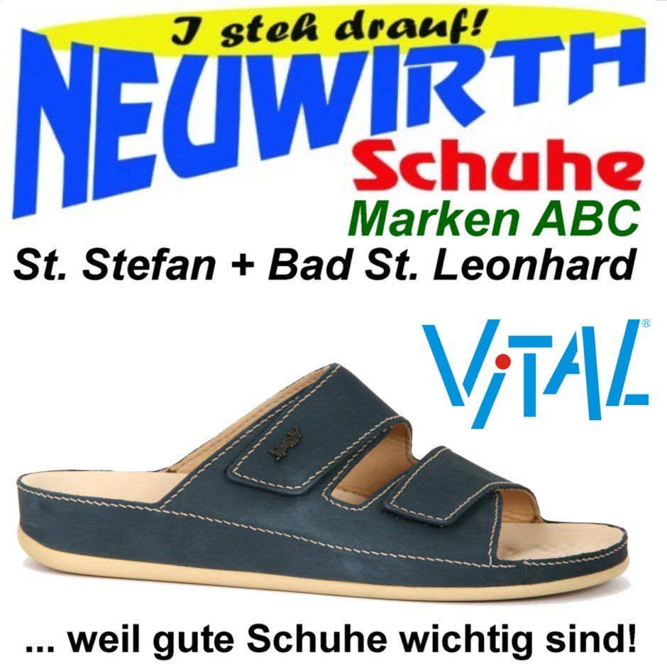 A shoe advertisement for Neuwirth featuring a blue slipper with the text 'Just step on!' and the brand 'Vital'. It emphasizes the importance of good shoes.