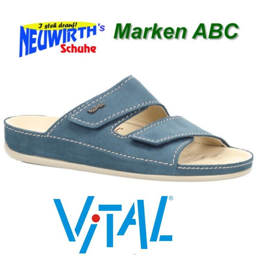 An advertisement for a blue slide sandal with white soles. The sandal has two straps and a label. Above the sandal, there is a text 'J steck draw!' and 'NEUWIRTH's Marken ABC Schuhe'. Below the sandal, there is a logo 'VITAL'.
