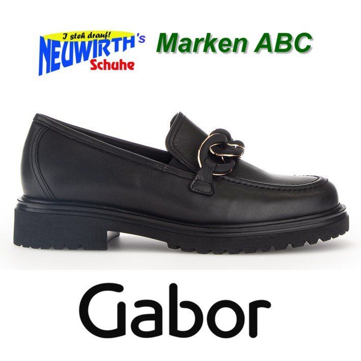 Black leather loafer with a gold buckle detail, featuring a flat sole with a slight platform. The shoe is from Gabo, a brand under Neuwirth's Marken ABC.