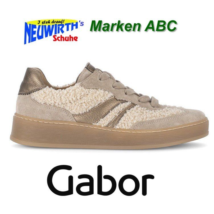 An image of a beige sneaker with a wool-like texture and gold accents. The shoe has a thick sole and the brand name 'Gabor' is displayed prominently below. Above the sneaker, there is a logo for 'Neuwirth's Marken ABC Schuhe'.