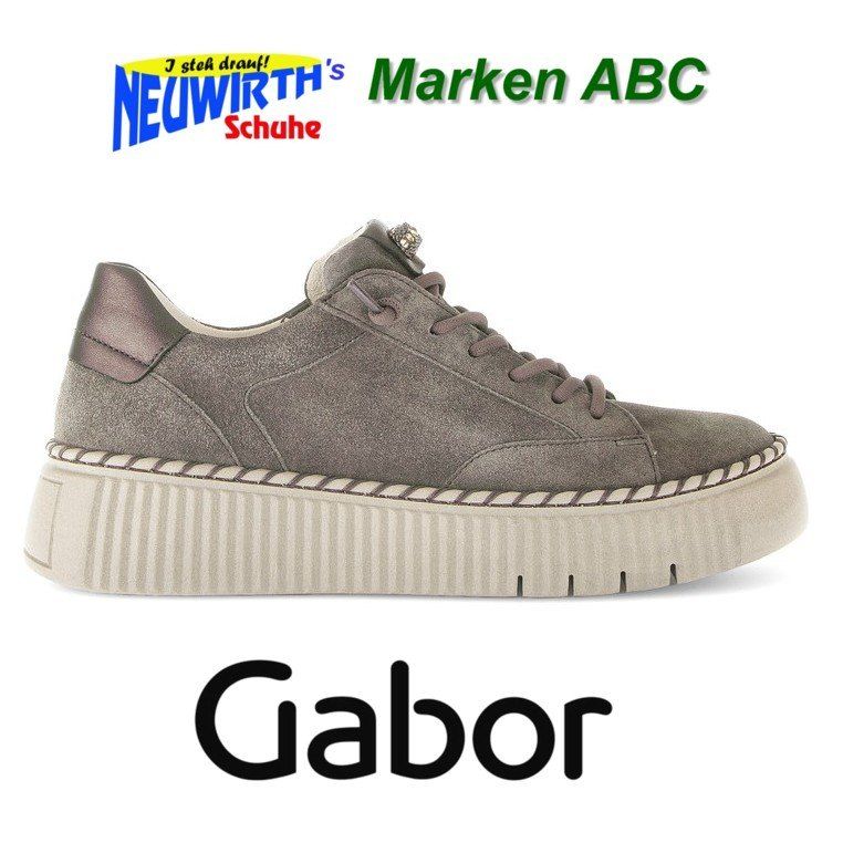A gray suede sneaker with a platform sole, white laces, and a logo reading Gabor. Above the shoe, the text reads Mark ABC Schuhe.