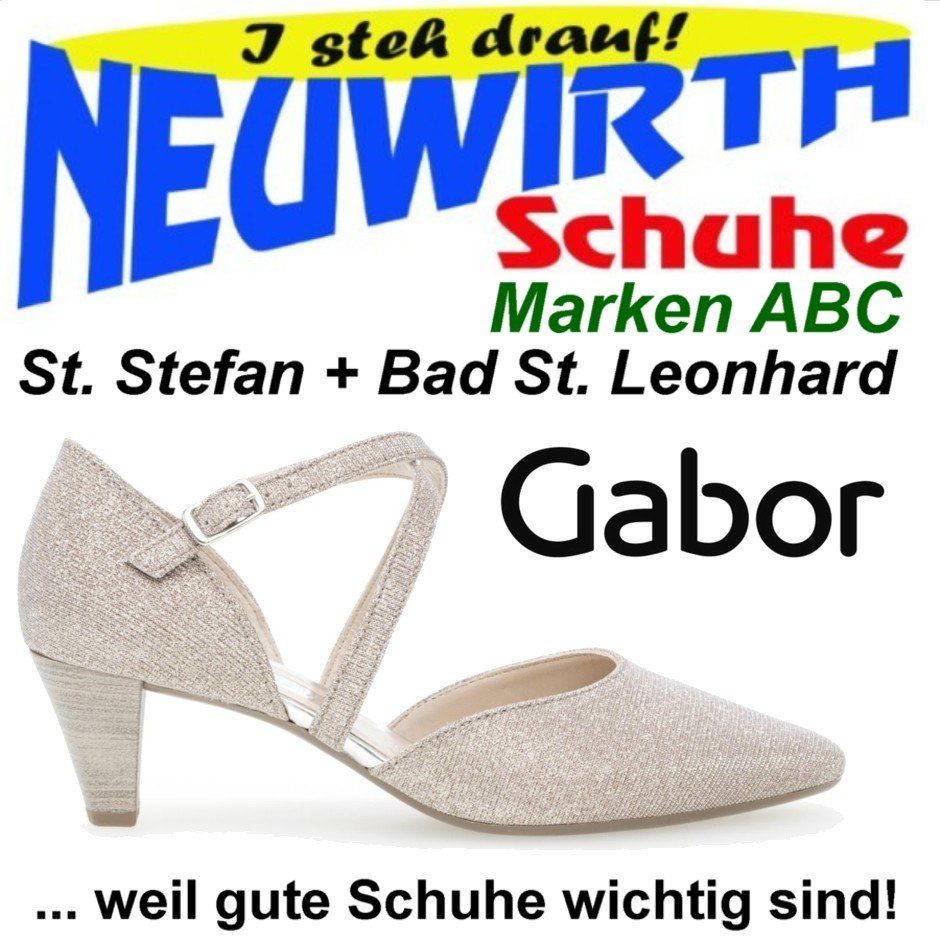 An advertisement for Gabor high-heeled shoes with the text J steh drauf! NEUWIRTH Schuhe Marken ABC. The shoe is silver and white with a buckle. The image is for St. Stefan + Bad St. Leonhard.
